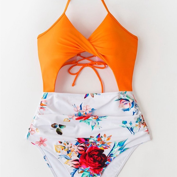 New CUPSHE Orange Floral Lace-up Halter One-Piece Swimsuit large - Picture 4 of 6